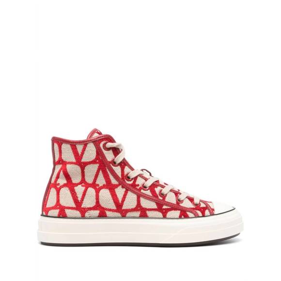 NEW VALENTINO GARAVANI men\'s toile iconographe flocked sneakers in red/beige